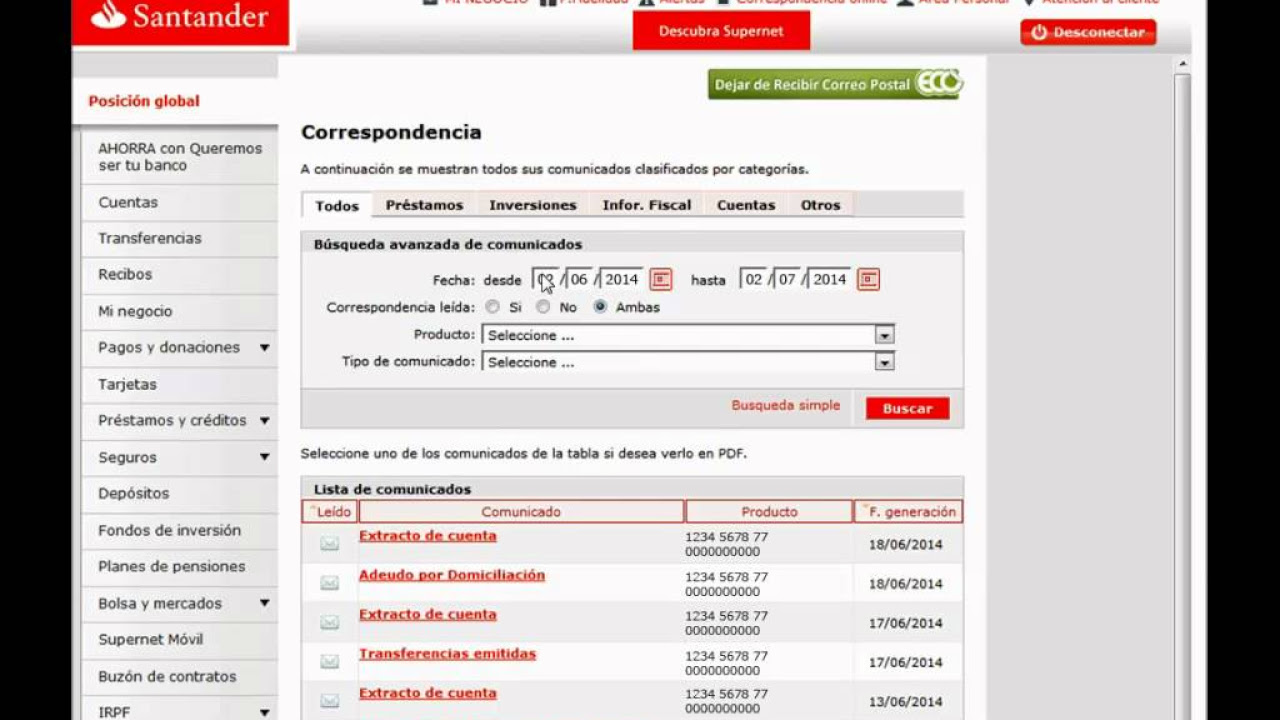 Banco Santander - Consulta tu correspondencia online