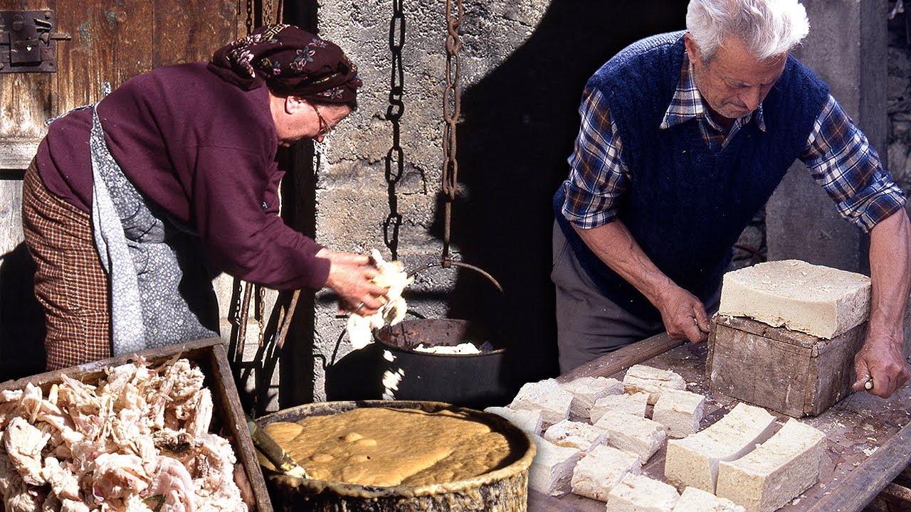Jabón artesanal con aceite usado y sosa. Elaboración tradicional en el Pirineo en 1997 | Documental