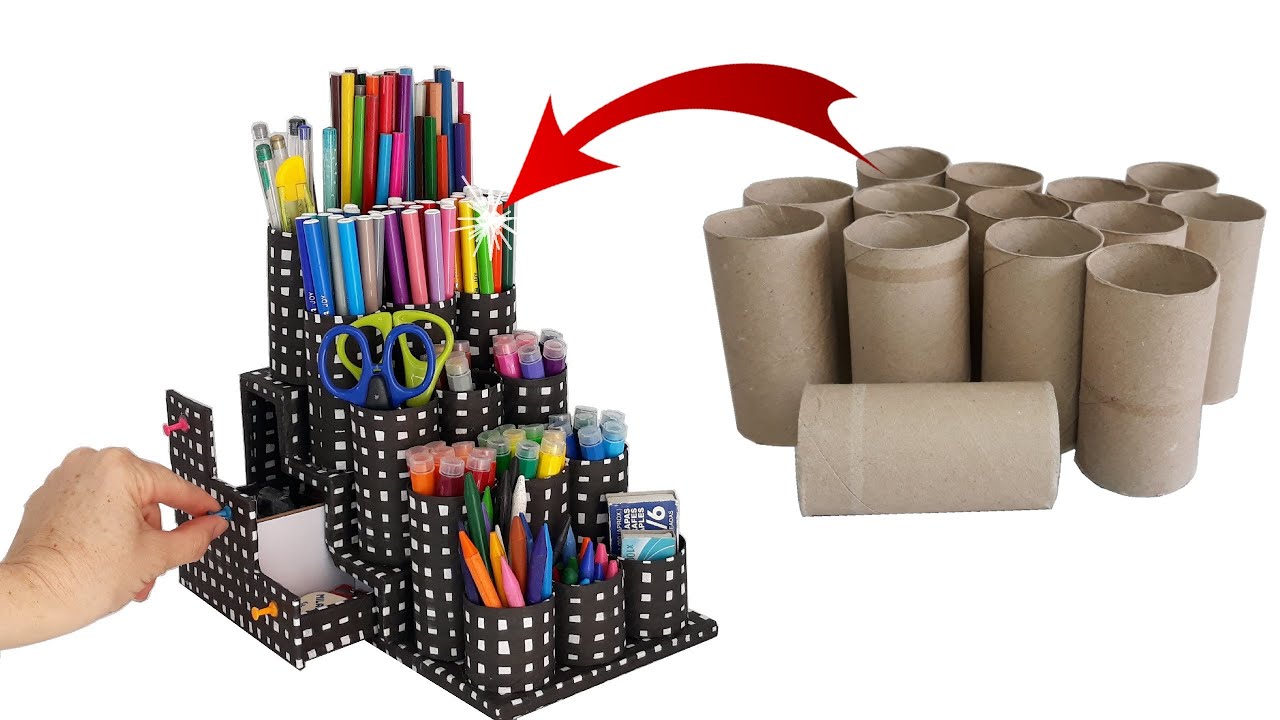 Organizador de escritorio con tubos cartón del papel de baño DIY Ideas de Reciclaje Creativo