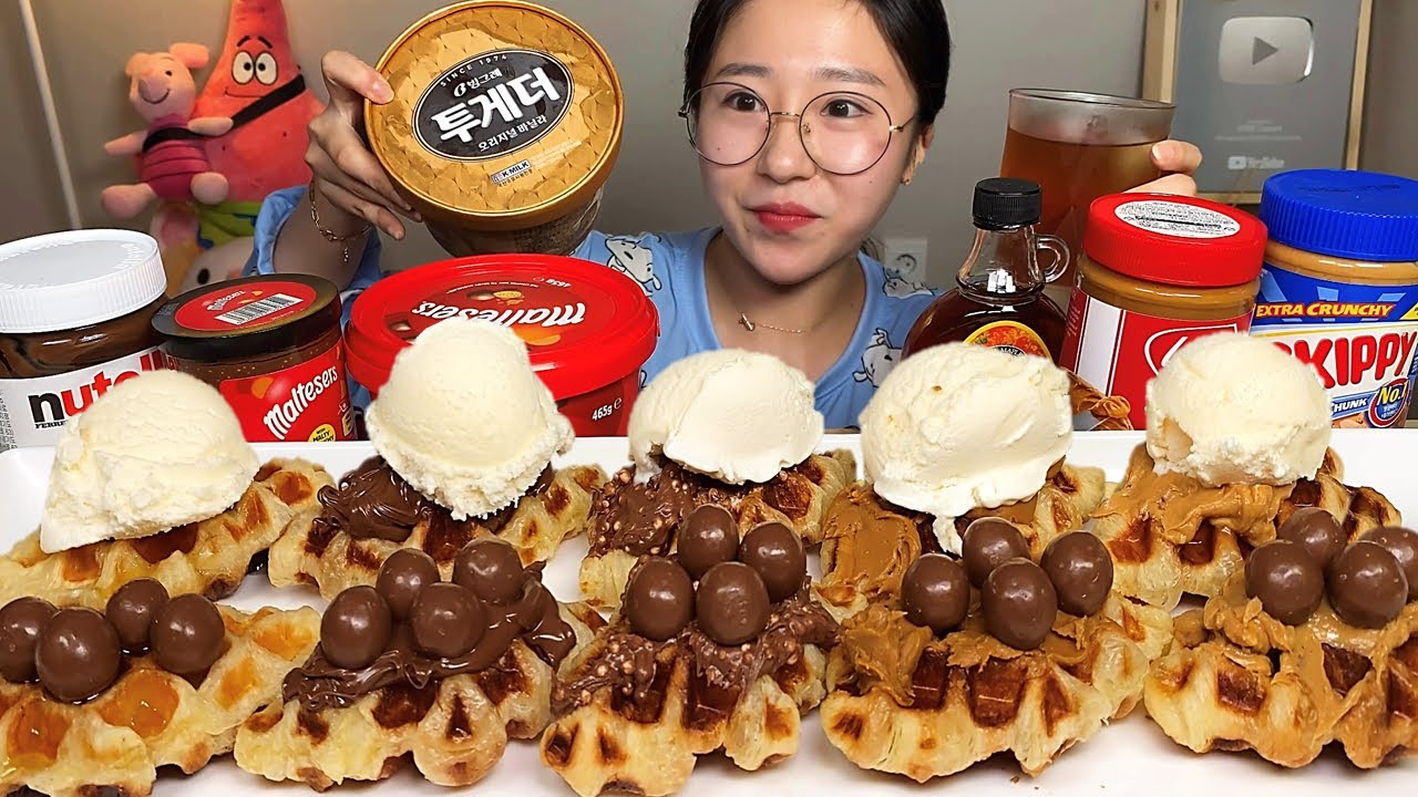 크로플 몰티져스잼 누텔라잼 스키피잼 로투스잼 메이플시럽 아이스크림 먹방 Dessert Mukbang