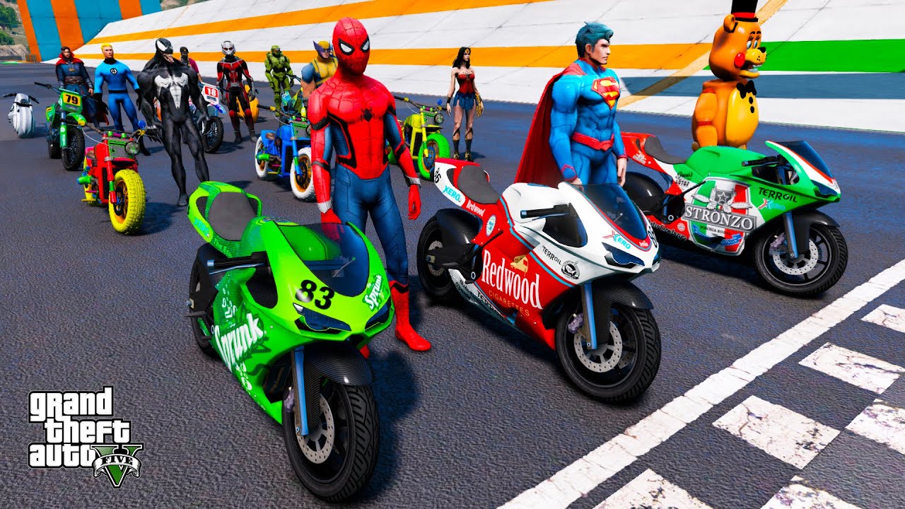 Increible nueva pista carrera de motos con Spiderman, Antman, Venom, Superman y mas personajes GTA 5