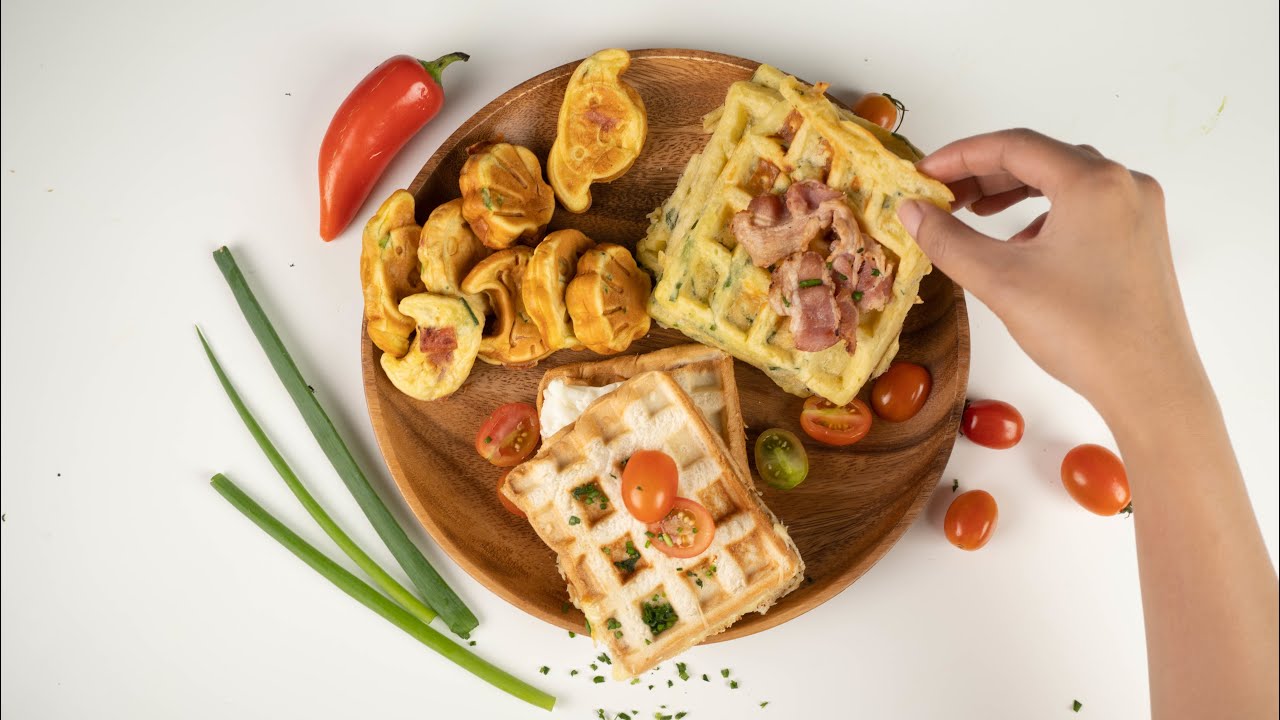 Sándwich de queso, huevo, gofre de pepperoni, gofre de patata y tocino | 3 Ways Waffle Recipes