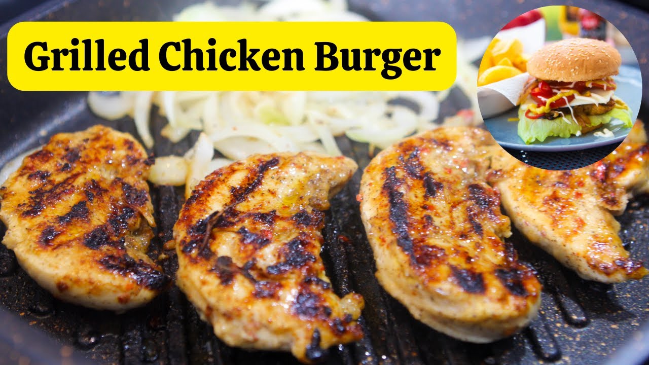 EASY GRILLED CHICKEN BURGER RECIPE || Homemade Chicken Burger With Caramelized Onions