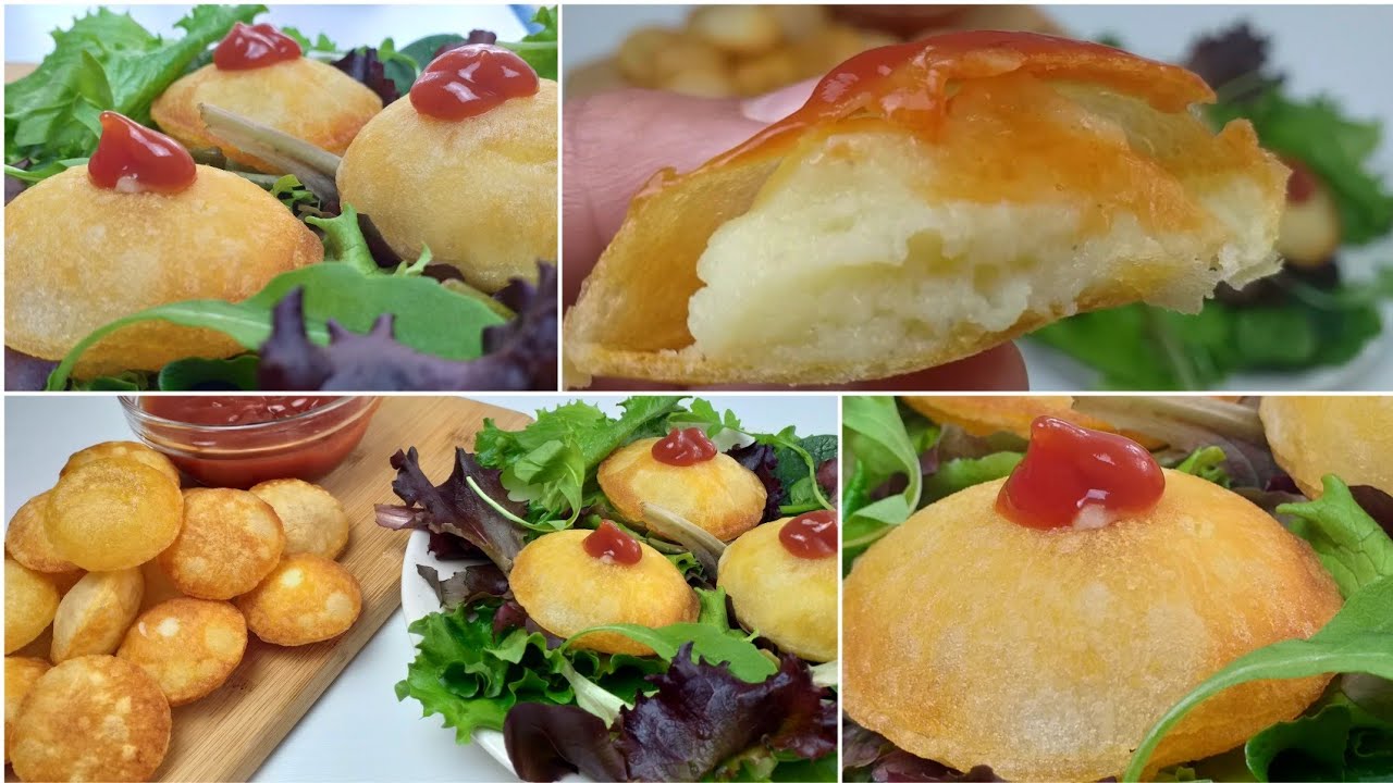 cómo hacer patatas soufflés crujientes, papas fritas burbujas rellenas de crema de papa y queso(sub