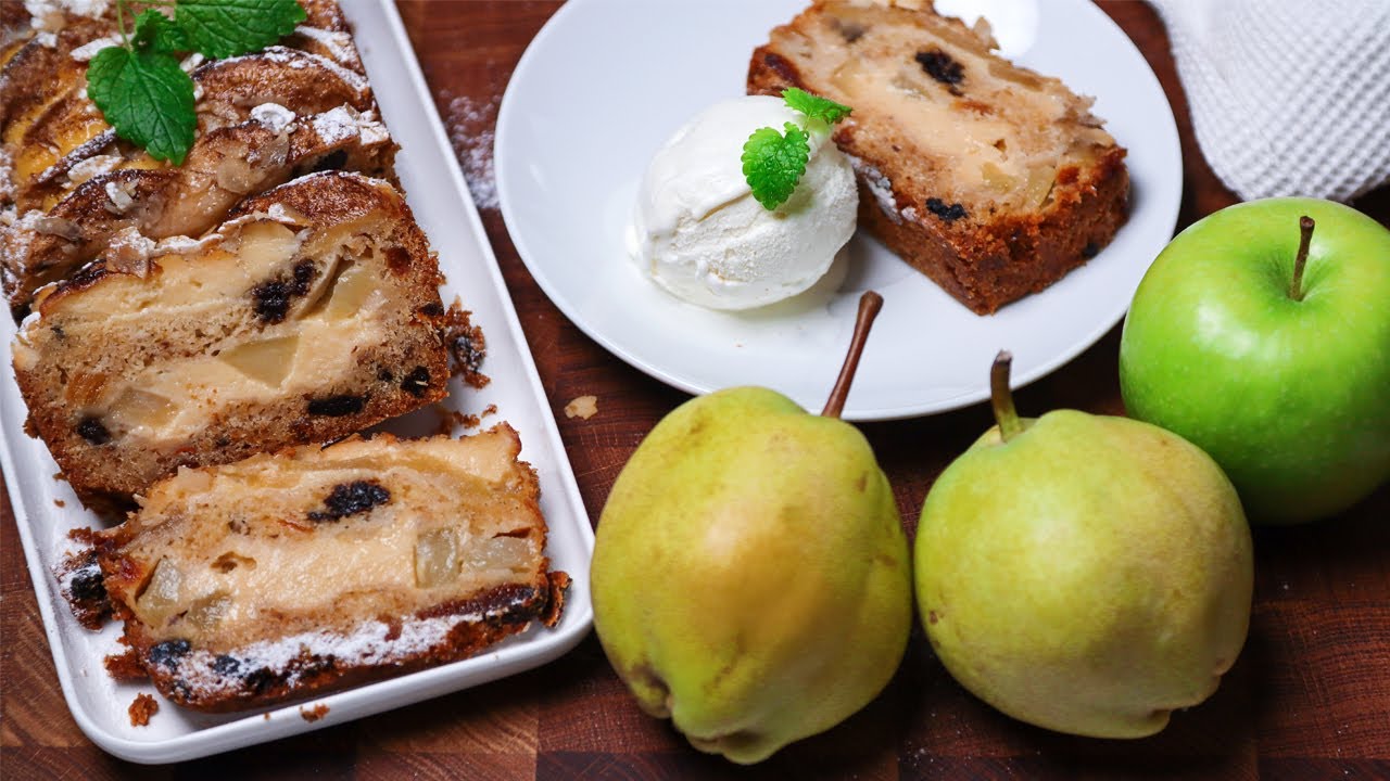 Tarta de manzana y pera con natillas 🍐 Tarta de pera, manzanas, orejones, canela y natillas 🍏