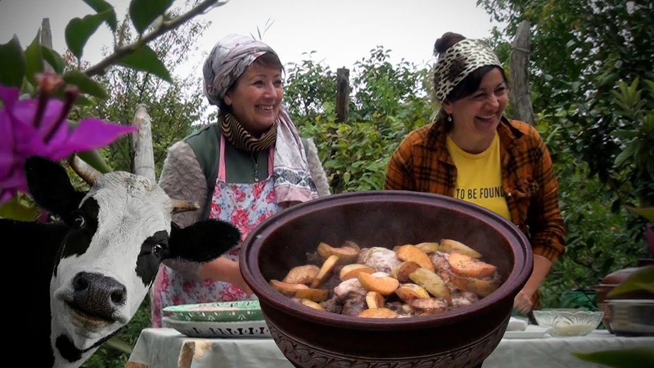 We cooked walnutly meat in a pottery bowl in the Village